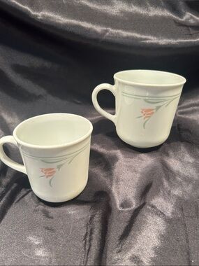 Corelle White Mugs with Pink Floral and Green Leaf Accent - Pair